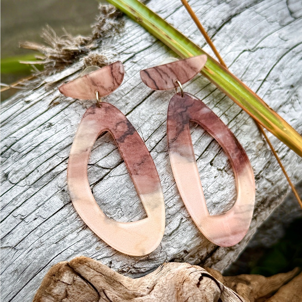 Retro Geometric Dusty Rose Sunset Abstract Large Hanging Dangle Resin Earrings